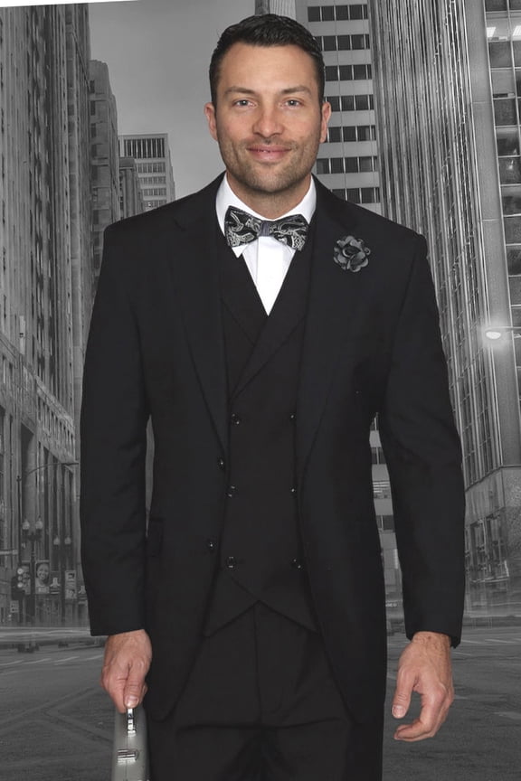 Men's Statement Suits Classic Fit Wool Suit with Double Breasted Vest Black 52 Long