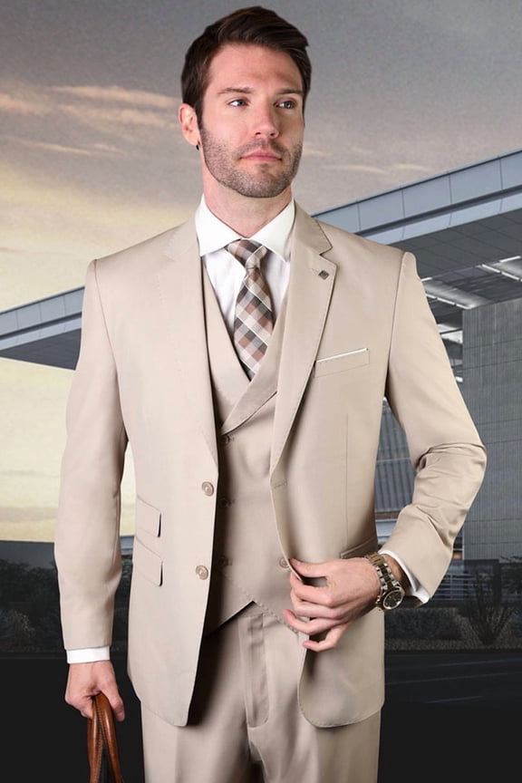 Men's Classic Fit Wool Suit with Double Breasted Vest Tan 40 Long