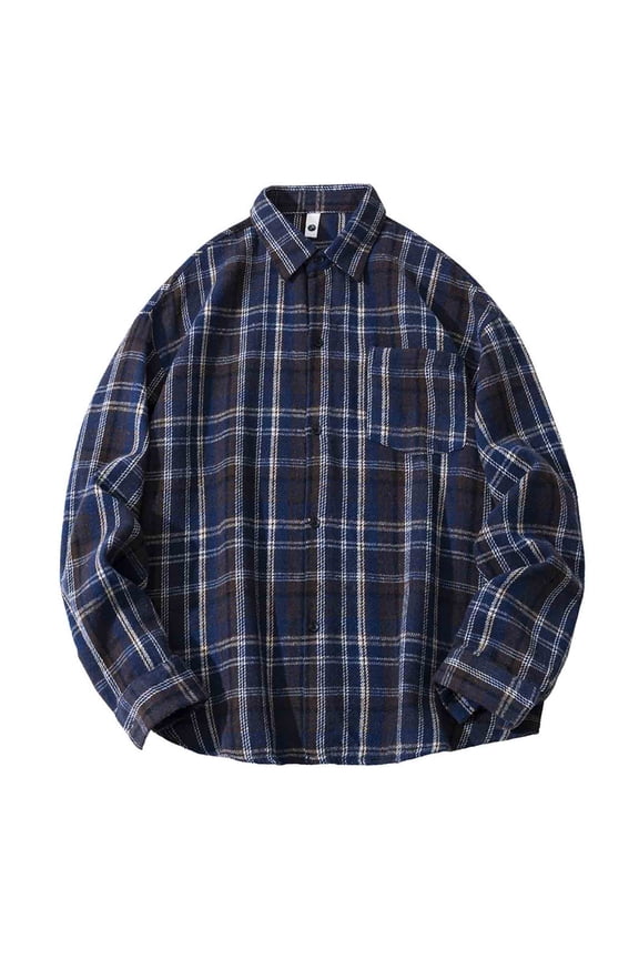 Men's Classic Flannel Plaid Button Up Shirt Shackets with Pocket Long Sleeve Loose Casual Lapel Neck Jacket Outwear (3XL, Navy)