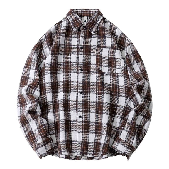 Men's Classic Flannel Plaid Button Up Shirt Shackets with Pocket Long Sleeve Loose Casual Lapel Neck Jacket Outwear (4XL, Coffee 01)