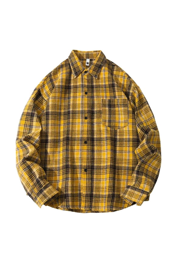 Men's Classic Flannel Plaid Button Up Shirt Shackets with Pocket Long Sleeve Loose Casual Lapel Neck Jacket Outwear (4XL, Yellow)