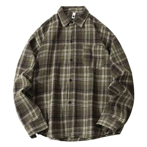 Men's Classic Flannel Plaid Button Up Shirt Shackets with Pocket Long Sleeve Loose Casual Lapel Neck Jacket Outwear (XL, Army Green)
