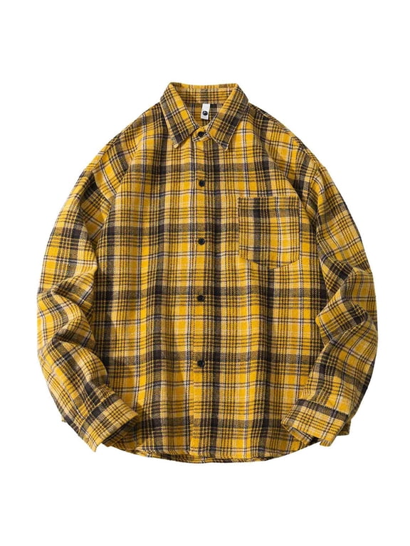 Men's Classic Flannel Plaid Button Up Shirt Shackets with Pocket Long Sleeve Loose Casual Lapel Neck Jacket Outwear (XL, Yellow)