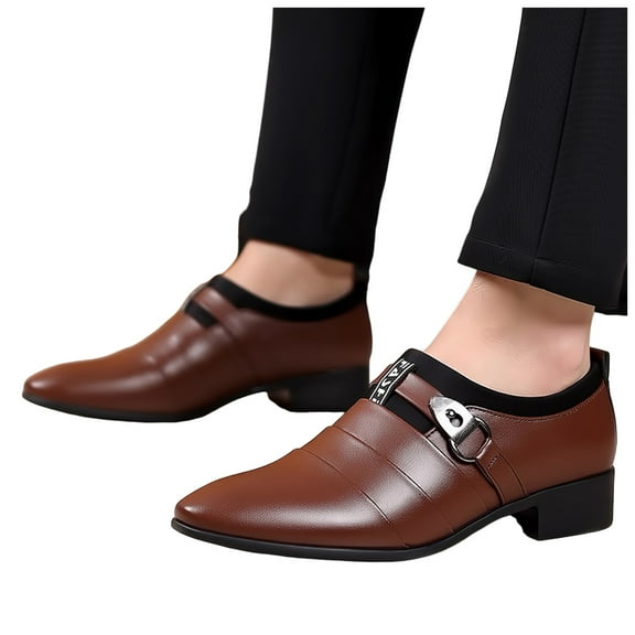 Men's Classic Formal Oxfords Dress Shoes Modern Leather Pointed Toe Slip on Chunky Mid Heels for Men