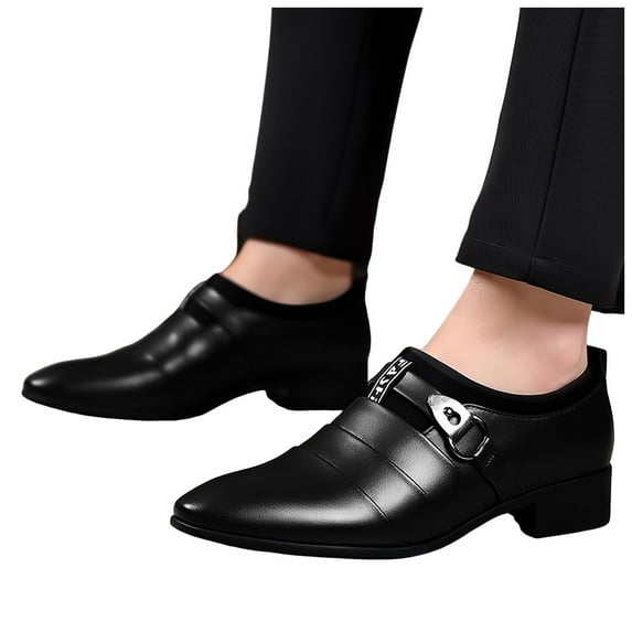 Men's Classic Formal Oxfords Dress Shoes Modern Leather Pointed Toe Slip on Chunky Mid Heels for Men