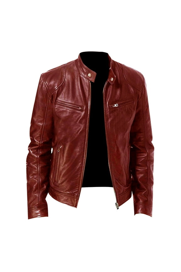 Men's Classic Genuine Leather Jacket, Stylish Red Biker Jacket with Zipper Closure and Pockets