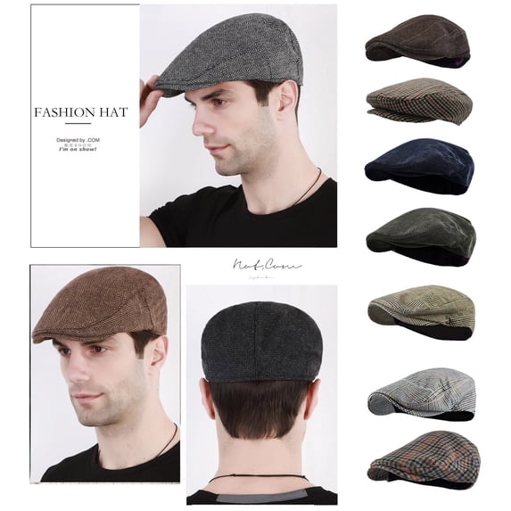 Men's Classic Herringbone Tweed Newsboy Cap - Vintage Wool Blend Ivy Hat with Flat Brim, Warm & Stylish Driving Cap for Fall & Winter, British Style Flat Cap for Men C
