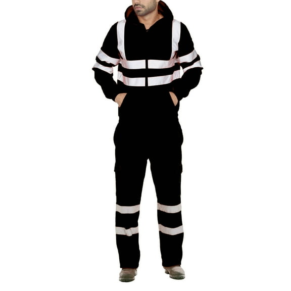 Men's Classic High Visibility Work Coverall with Reflective Trim Men Casual Hoodie Solid Reflective Zipper Sanitation Workers Overalls Tops And Pants Suit