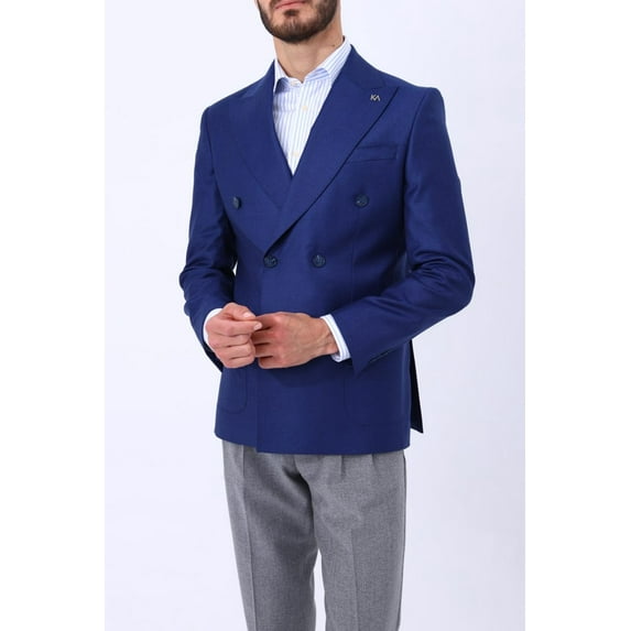Men's Classic Jacket, Quality Soft Texture 88% Wool Light Navy Blue Double Breasted Jacket