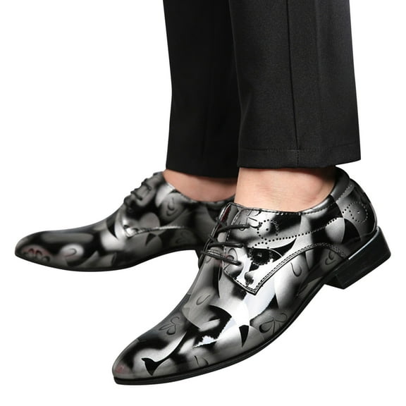Men's Classic Lace Up Formal Oxfords Fashion Print Pointed Toe Business Shoes Casual Patent Leather Loafers