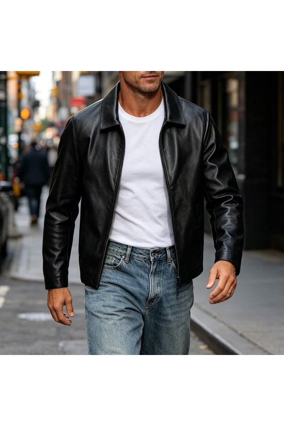 Men's Classic Leather Jacket, Slim Fit Solid Black Lapel Coat, Full Zipper Versatile Outerwear For Everyday Casual & Biker Style Black XL