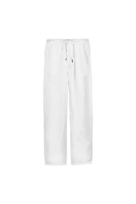 Men's Classic Linen Straight Leg Trousers, Loose Fit Elastic Waist Lightweight Casual Pants, Breathable for Summer,White,L
