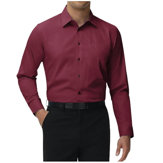 Men's Classic Long Sleeve Solid Color Barrel Cuff Dress Shirt (Burgundy, Small 32/33)