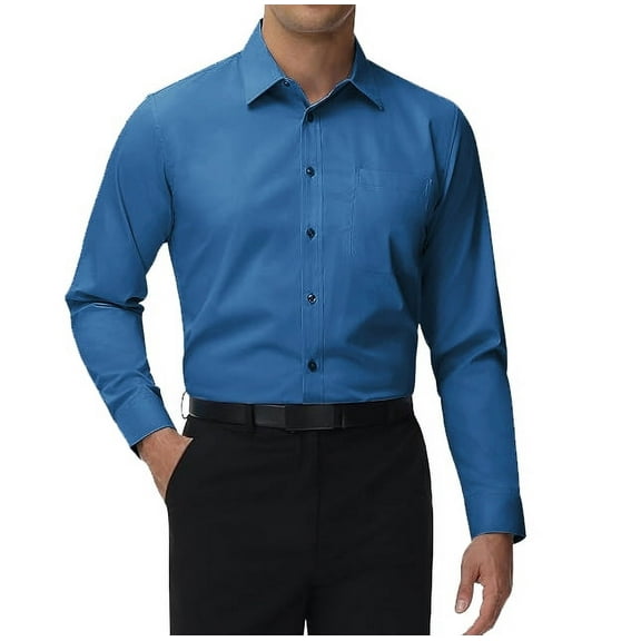 Men's Classic Long Sleeve Solid Color Barrel Cuff Dress Shirt (Denim Blue, Medium 32/33)