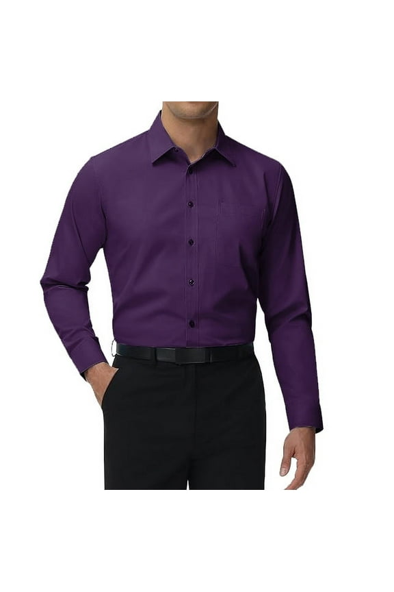 Men's Classic Long Sleeve Solid Color Barrel Cuff Dress Shirt (Eggplant, Large 36/37)