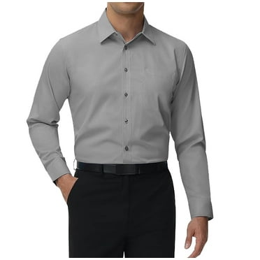 Men's Classic Long Sleeve Solid Color Barrel Cuff Dress Shirt (Grey, Large 32/33)