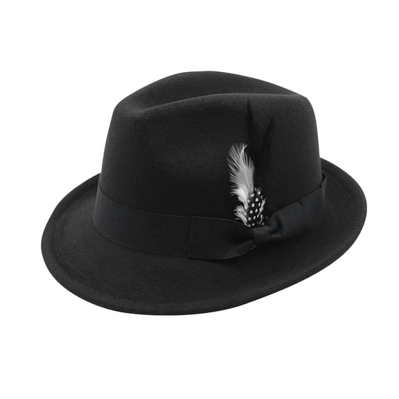 Men's Classic Manhattan Short Brim Fedora Hat with Feather Band, Retro Gentleman Headwear Black