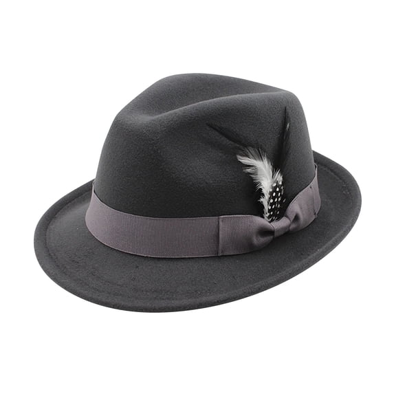 Men's Classic Manhattan Short Brim Fedora Hat with Feather Band, Retro Gentleman Headwear Dark Gray