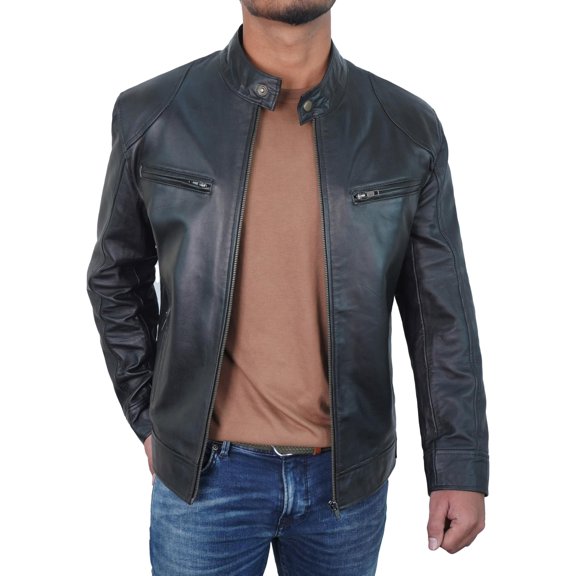 Men's Classic Moto Black Leather Jacket with Snap Tab Collar