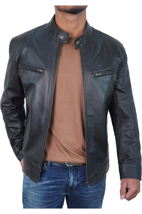 Men's Classic Moto Black Leather Jacket with Snap Tab Collar
