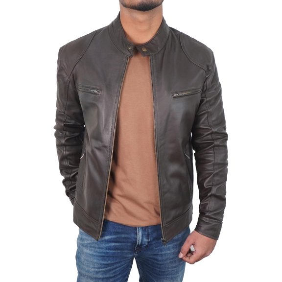 Men's Classic Moto Chocolate Brown Leather Jacket with Snap Tab Collar