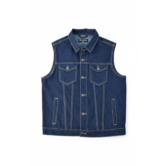 Men's Classic Motorcycle Denim Vest, Dark Blue, Button Front Closure, Sleeveless Trucker Style-DL-69449