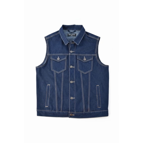 Men's Classic Motorcycle Denim Vest, Dark Blue, Button Front Closure, Sleeveless Trucker Style-DL-69451