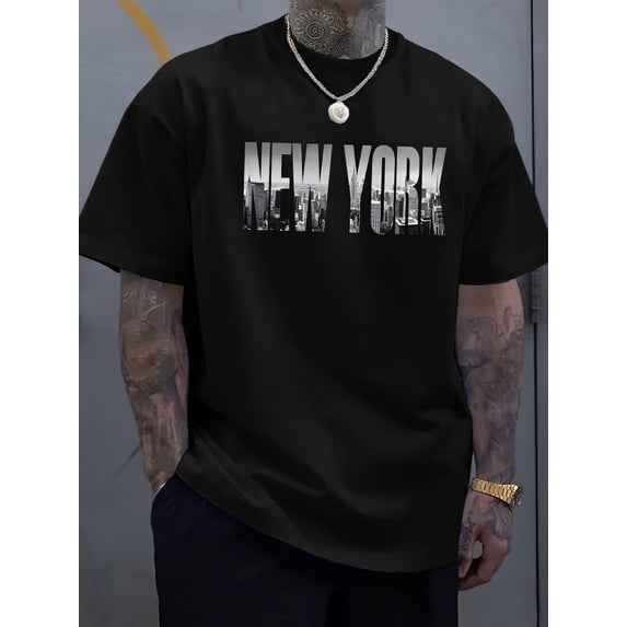 Men's Classic New York City Graphic Tee - Casual Polyester Short Sleeve T-Shirt with Distressed Letter Print, Round Neck, Summer Essential