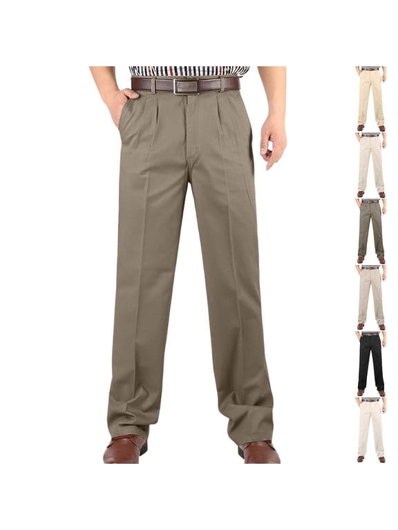 Men's Classic Office Pleated Trousers High Waist Straight Leg Dress Pant Wrinkle-Resistant Slack for Business