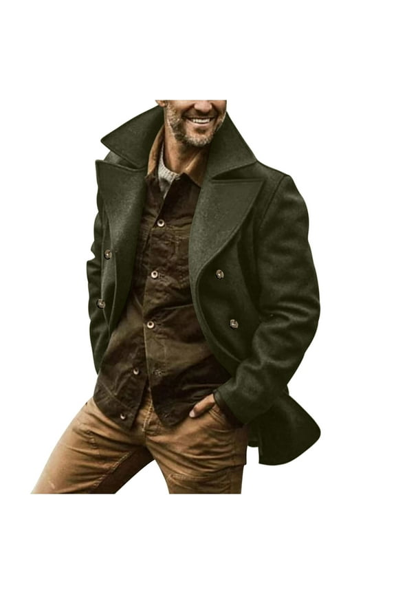 Men's Classic Pea Coat Notched Collar Double Breasted Slim Fit Winter Warm Heavyweight Trench Coats