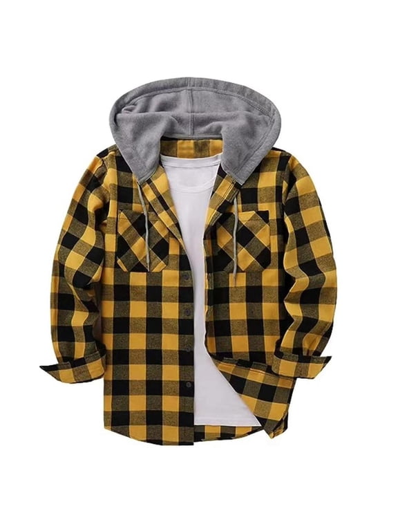 Men's Classic Plaid Hooded Long Sleeve Shirt Flannel Button Down Shirt With Pocket Young Adult Fashion