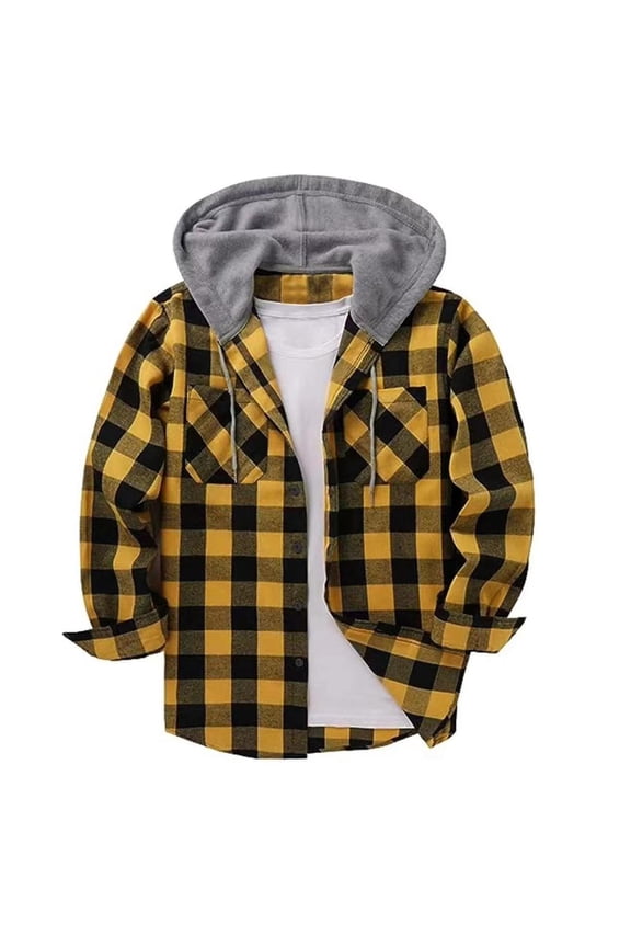 Men's Classic Plaid Hooded Long Sleeve Shirt Flannel Button Down Shirt With Pocket Young Adult Fashion