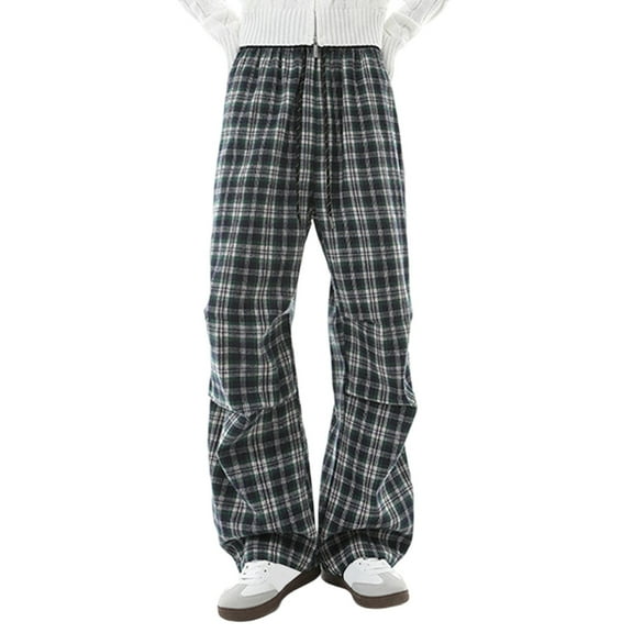 Men's Classic Plaid Pant Straight Leg Casual Trousers Pleated Front Relaxed Retro Green Pant