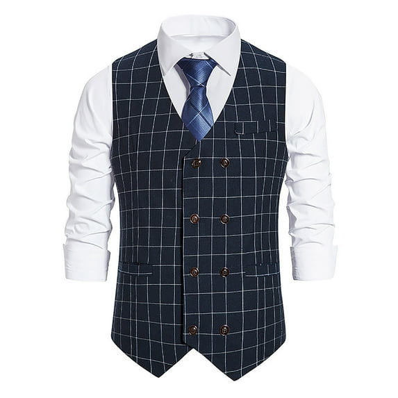 Men's Classic Plaid Waistcoat Slim Fit Double Breasted Suits Vest for Wedding Prom Business