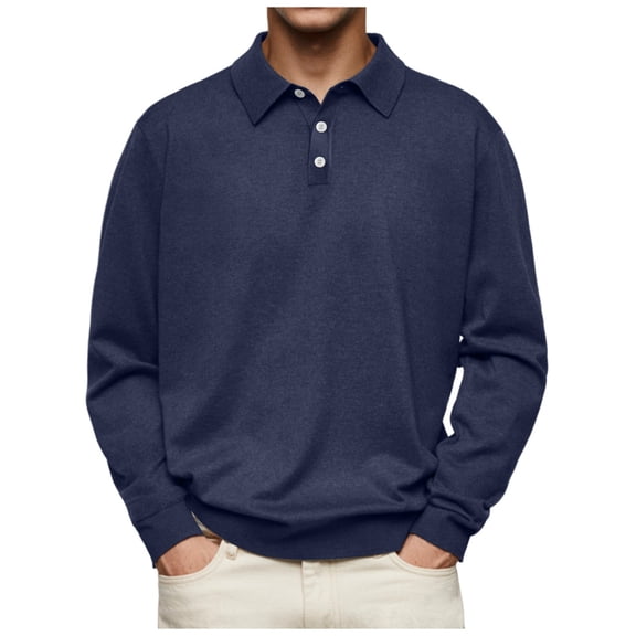 Men's Classic Polo Shirt Long Sleeve Button Up Collared Solid Tops Lightweight Casual Business Work Loose Fit Basic Tees