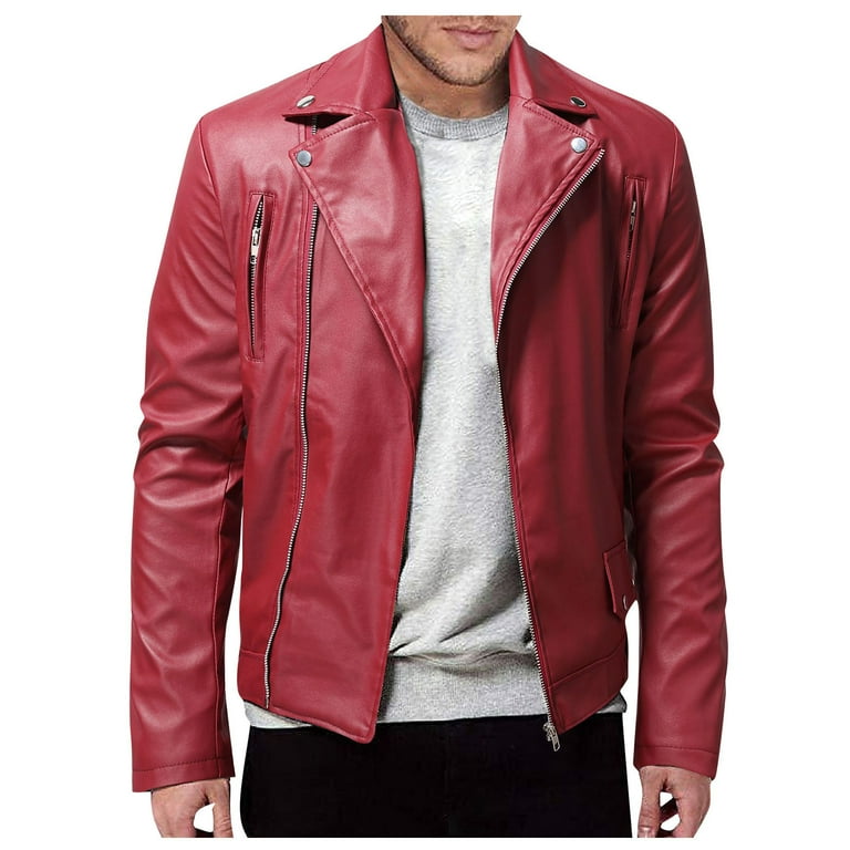 Men's Classic Red Faux Leather Biker Jacket with Zipper Pockets