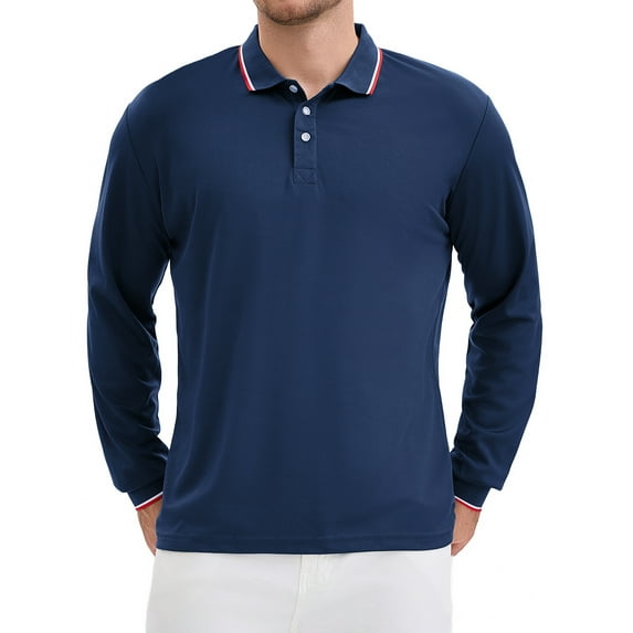 Men's Classic Regular Fit Solid Color Long Sleeves Business Golf Polo Shirt L Navy Blue