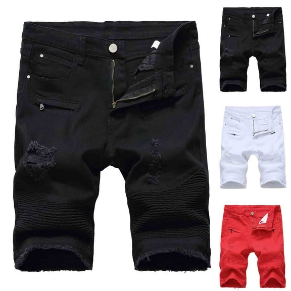 Men's Classic Relaxed Fit Denim Shorts Ripped Trunks Stretchy Washed Jeans Trunks Cut-Off Classic Fit Biker Jeans Trunks Cargo Pocket Pants for Men White