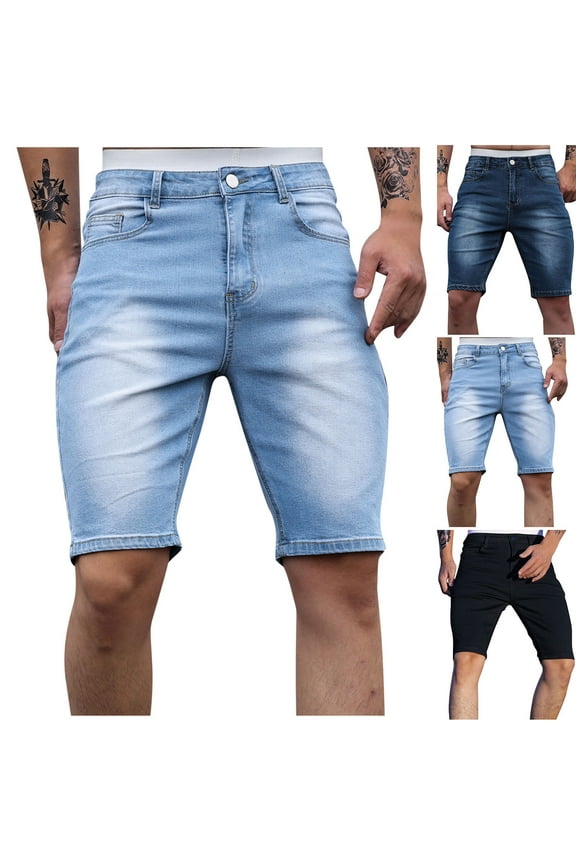 Men's Classic Relaxed Fit Jean Shorts Zipper Elastic Slim Casual Denim Shorts Play Wrap Ripped Mid-length Pants Blue Cargo Pocket Pants for Men