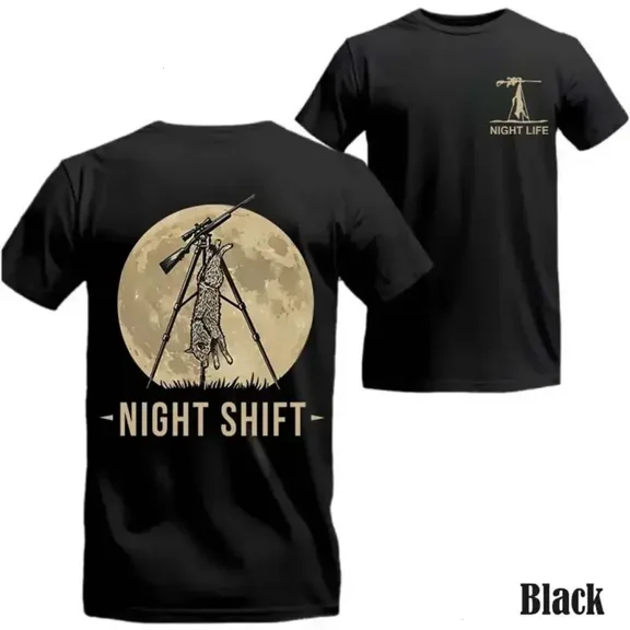 Men's Classic Round Neck Short-Sleeve Coyote Night Life Hunting T-Shirt - Predator Hunter Graphic Top, Funny Night Hunting Tee, Outdoor Gift For Dad, Unisex Casual -