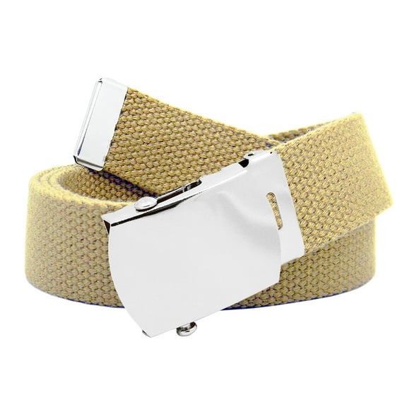 Men's Classic Silver Slider Military Belt Buckle with Canvas Web Belt Large Khaki