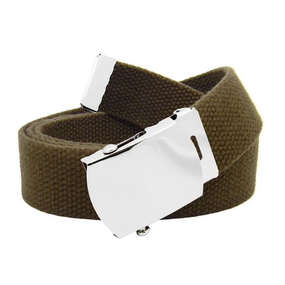 Men's Classic Silver Slider Military Belt Buckle with Canvas Web Belt Medium Brown