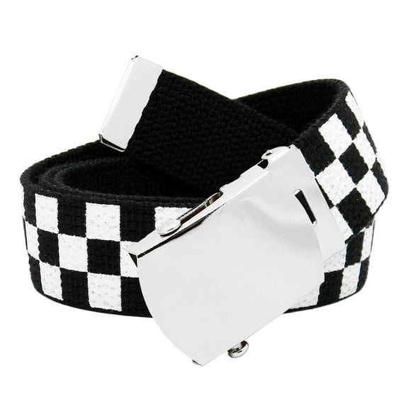 Men's Classic Silver Slider Military Belt Buckle with Canvas Web Belt Medium Checkered