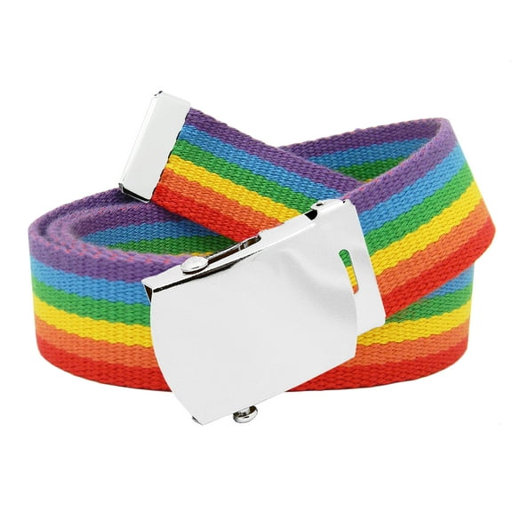 Men's Classic Silver Slider Military Belt Buckle with Canvas Web Belt Medium Rainbow