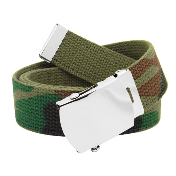 Men's Classic Silver Slider Military Belt Buckle with Canvas Web Belt Small Army Camo