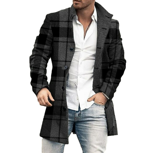 Men's Classic Single Breasted Wool Blend Pea Coat Mid Long Trench Coat Fashion Casual Lapel