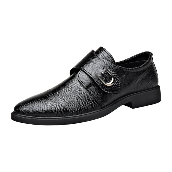 Men's Classic Slip on Loafers Pointed Toe Leather Formal Business Casual Comfortable Dress Shoes with Buckle Strap Black Size 9