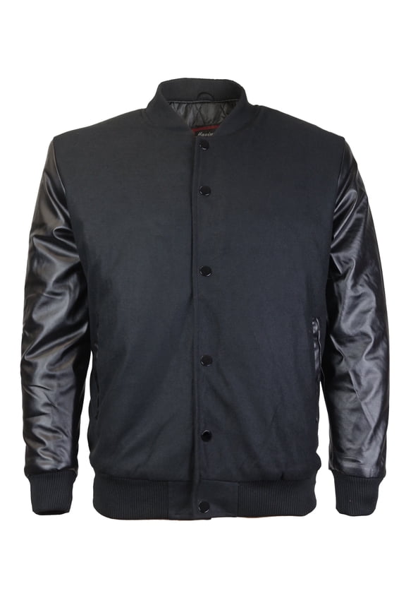 Men's Classic Snap Button Vintage Baseball Letterman Varsity Jacket (Black,L)