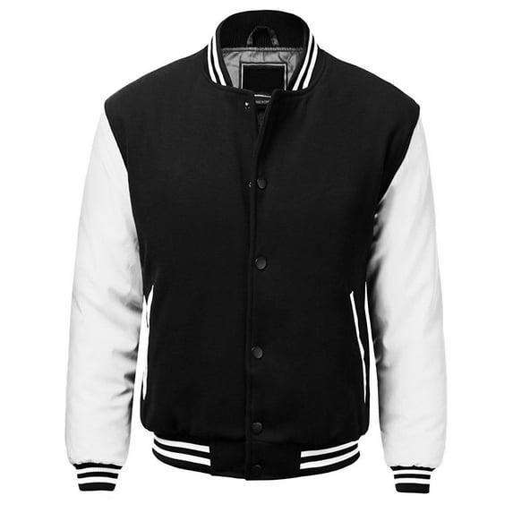 Men's Classic Snap Button Vintage Baseball Letterman Varsity Jacket (Black White,M)