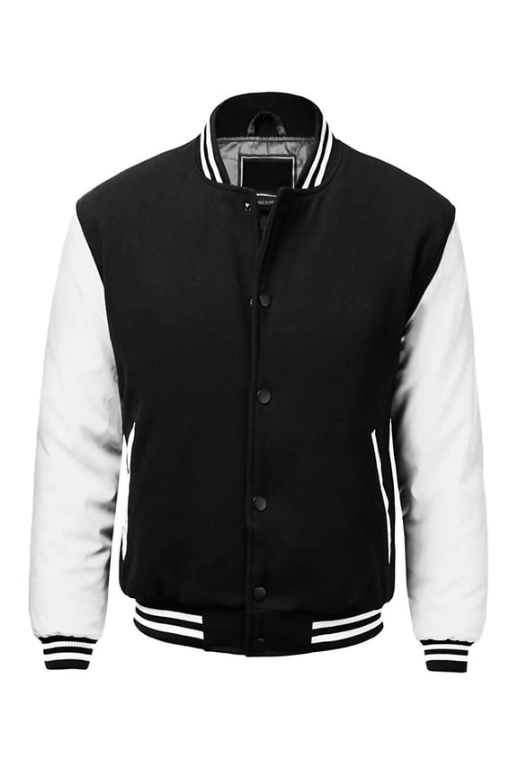 Men's Classic Snap Button Vintage Baseball Letterman Varsity Jacket (Black White,XL)